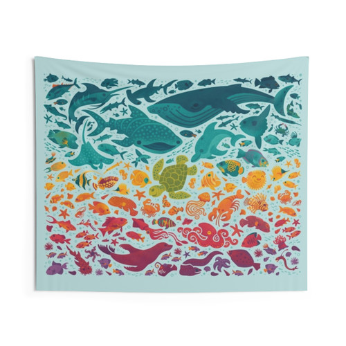 Light blue aquatic spectrum tapestry with cartoon sea creatures
