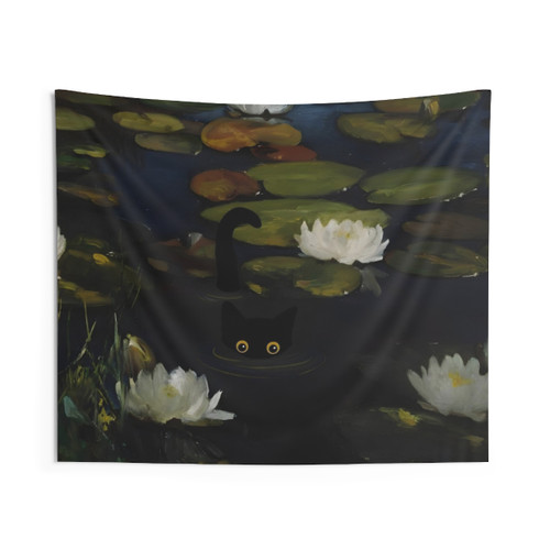 Monet Black Cat in Water Lilies Tapestry Wall Art