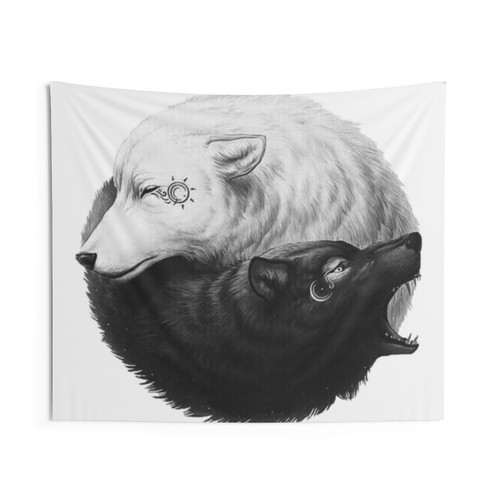 Two wolves in black and white nature tapestry