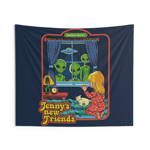 Retro Sci-Fi Tapestry Featuring Aliens, UFO, and Kitten