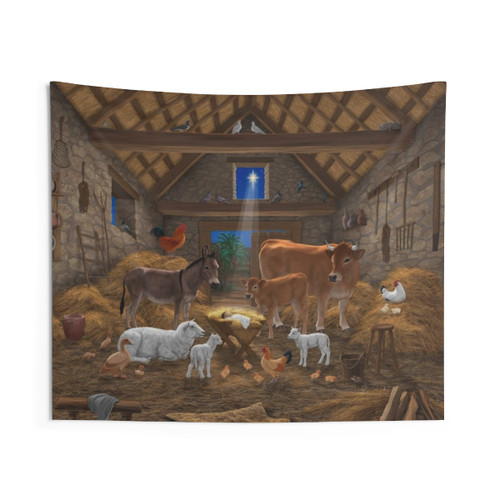 Nativity Scene Tapestry Featuring Baby Jesus in Manger