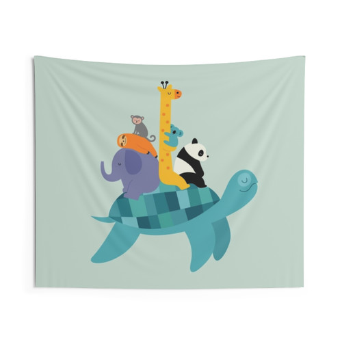 Colorful travel themed tapestry with cute animals like giraffe, elephant, and more