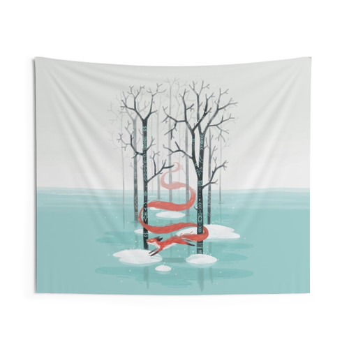 Magical Forest Spirit Tapestry featuring a cute fox spirit in a winter wonderland
