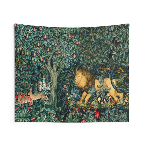 Greenery, Forest Animals Lion and Hares Blue Green Floral Tapestry