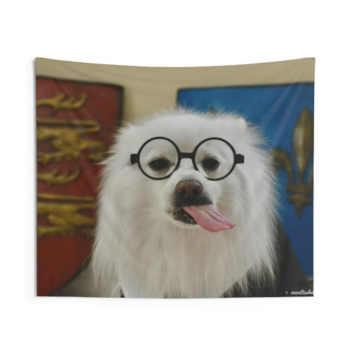 Funny dog tapestry with glasses and tongue out