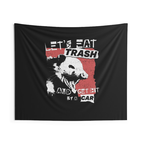 Possum Tapestry with Funny Trash Eating and Getting Hit by Car Design