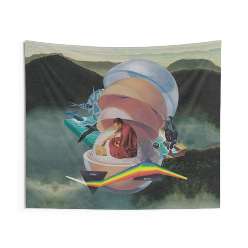 Colorful open book tapestry with surreal nature collage art