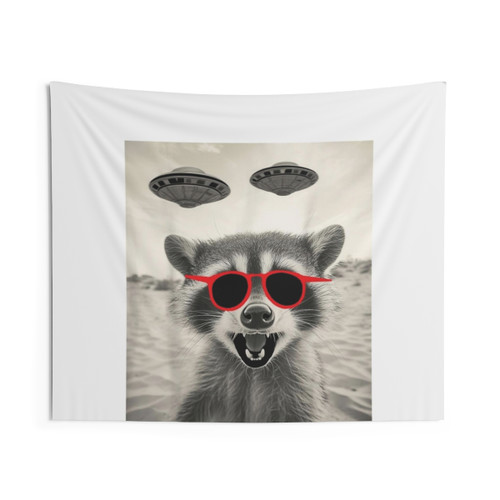 Funny raccoon selfie with UFOs vintage tapestry