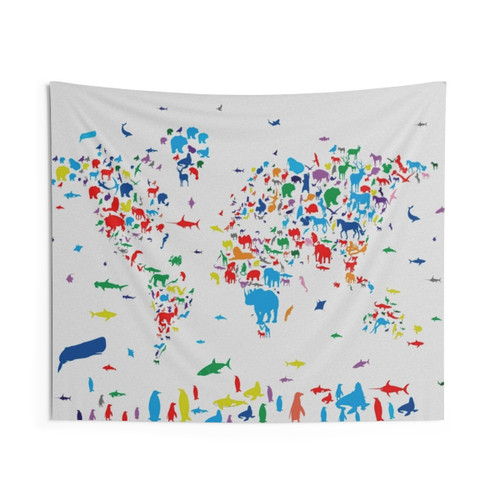 World Map Tapestry with Collage Design and Animals