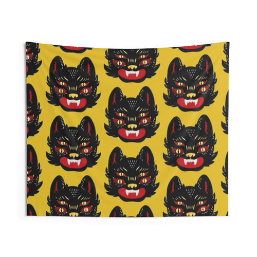 Spooky Black Cat Tapestry with Golden Eyes