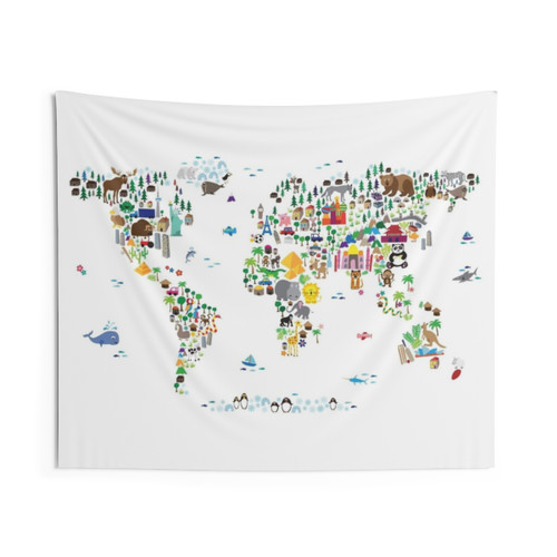 Animal Map of the World Tapestry for Kids