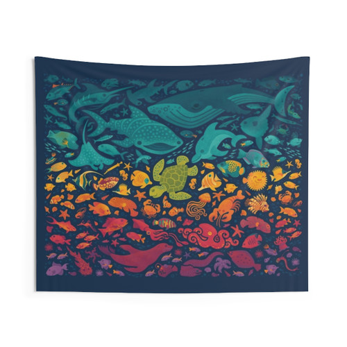 Aquatic Spectrum 2 Tapestry featuring a variety of sea creatures