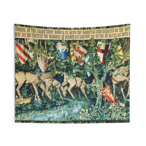 Holy Grail Tapestry with Verdure, Deers, and Shields in Green Floral Design