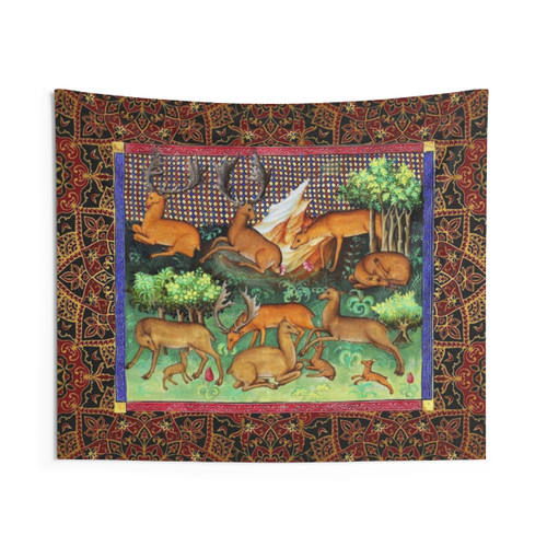 Medieval Hunting Tapestry with Deers and Woodland Scenery