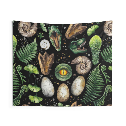 Watercolor Prehistoric Tapestry featuring dinosaur eggs, ferns, and other prehistoric elements