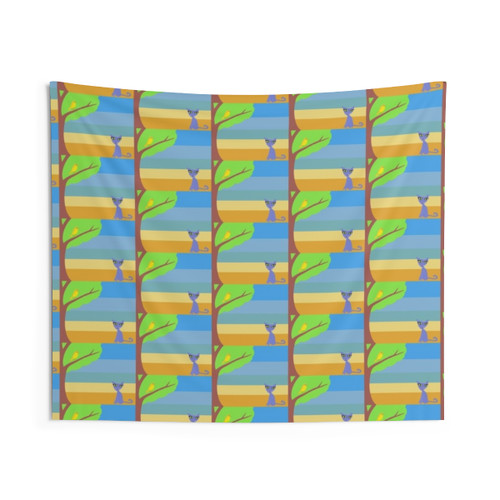 Colorful Vintage Bird and Cat Tapestry