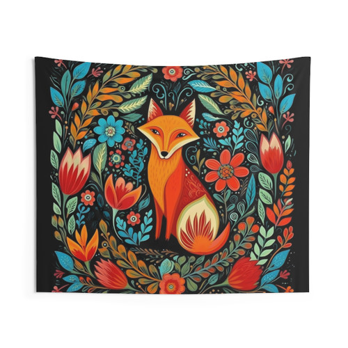 Enchanting Folk Art Fox Floral Tapestry