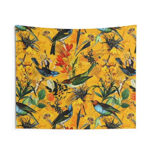 Vintage botanical tapestry with colorful flowers and hummingbirds