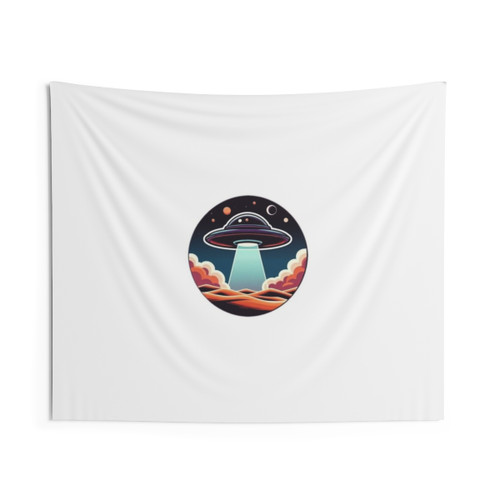 Cosmic Desert Encounter Tapestry featuring UFOs and aliens in a desert landscape