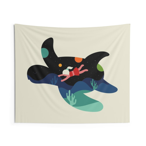 Ocean Roaming Tapestry featuring a sea turtle swimming in a serene landscape