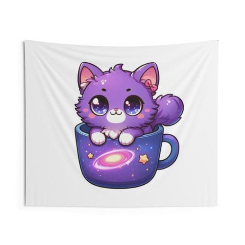 Kawi Cat Galaxy Tapestry featuring a cute tabby cat in a starry, nebulous space background