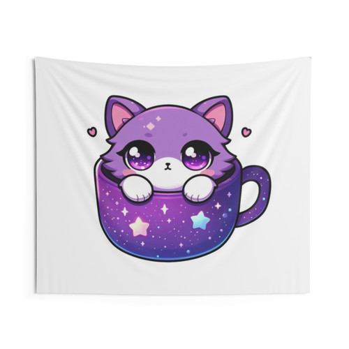 Cosmic Cat Tapestry featuring a playful kitten in a galaxy-inspired design