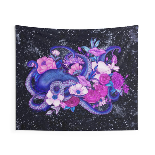 Magical Octopus Tapestry with Cosmic Ocean and Floral Elements
