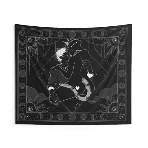 Celestial Cat Girl Tapestry featuring a couple in a romantic, star-filled scene