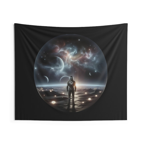 Cosmic Explorer Tapestry featuring an astronaut in a surreal, galaxy-filled landscape
