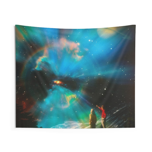 Surreal space tapestry featuring a collage of cosmic elements