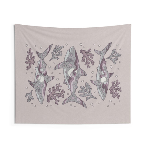 Cosmic Shark Tapestry Featuring a Majestic Shark in a Surreal, Galactic Ocean Scene