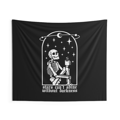 Dark skull tapestry with celestial quote