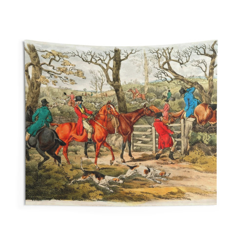 Illustration of sportsmen within an enclosure on a sporting tapestry