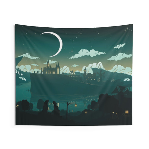 Genshin Impact Moon over Mondstadt Landscape Tapestry