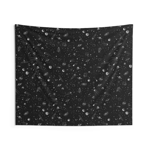 Space-themed tapestry wall hanging with planets, stars, and cosmic patterns
