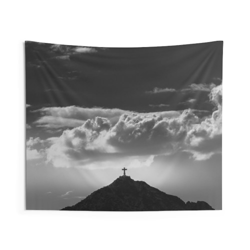 Travel Mountain Sun Black and White Wall Tapestry