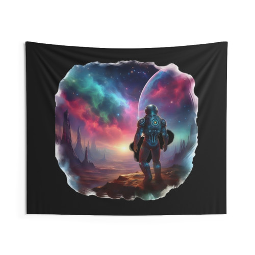 Cosmic Explorer Tapestry with Astronaut and Distant Galaxy
