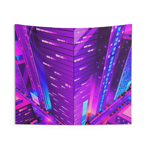 Synthwave Neon City Tapestry - Vibrant Digital Art Wall Hanging