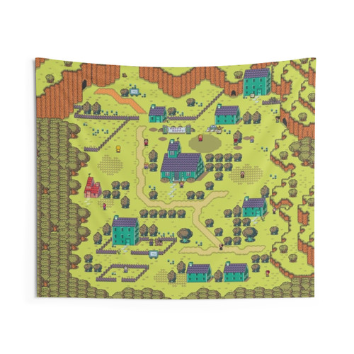 Earthbound Happy Happy Village Tapestry - Pixel Art Map Wall Hanging