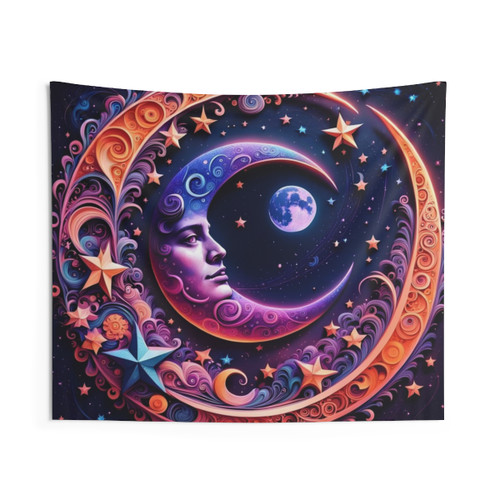 Moonlit Dreams Tapestry featuring a galaxy, crescent moon, and stars