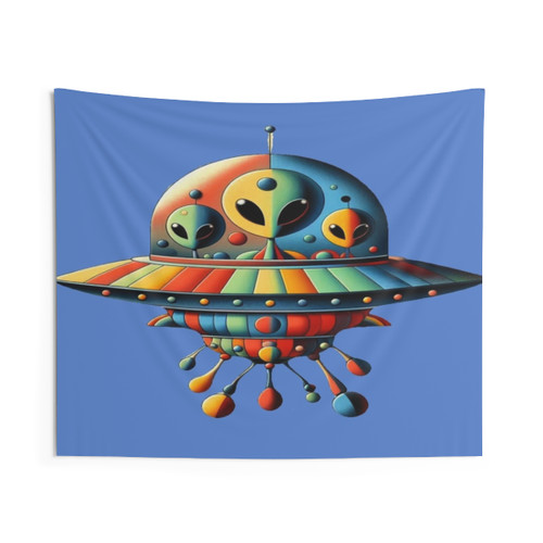 Vibrant Landing Spaceship Tapestry with Cosmic Imagery