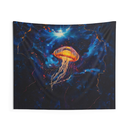 Dreamy Cosmic Jellyfish Floating in Neon Galaxy Tapestry Art