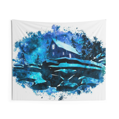 Long Dark Wilderness Tapestry with Cabin, Wolf and Snow