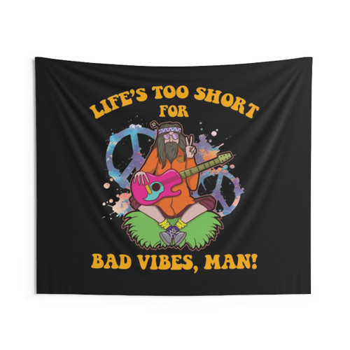 Hippie World Peace Tapestry with Guitar and Grass Design