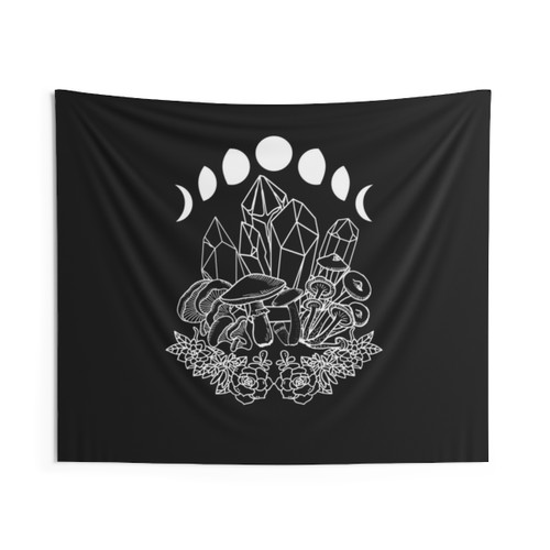 Mystical Moon Phases Tapestry with Crystals, Mushrooms, and Succulents