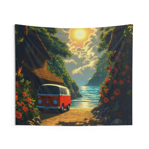 Beach Landscape with Retro Hippie Anime Truck Tapestry