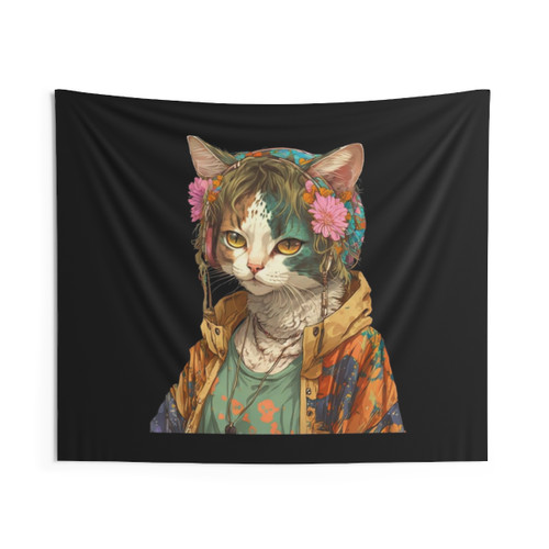 Peace Cat Hippie Tapestry