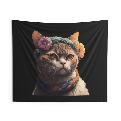 Cat with Flowers Tapestry - Hippie Decor