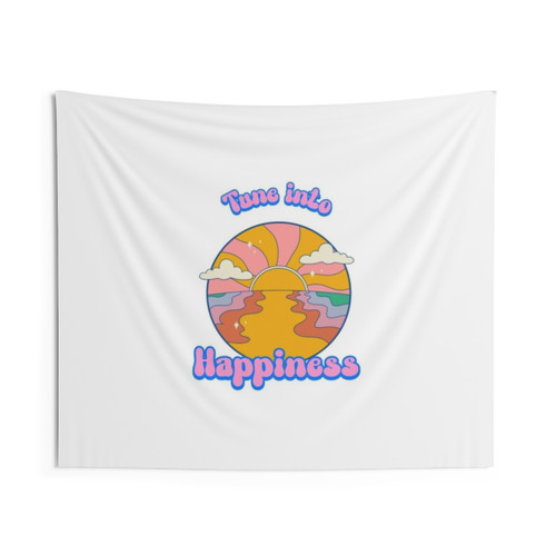 Tune into Happiness Tapestry with Beach and Sunset Imagery