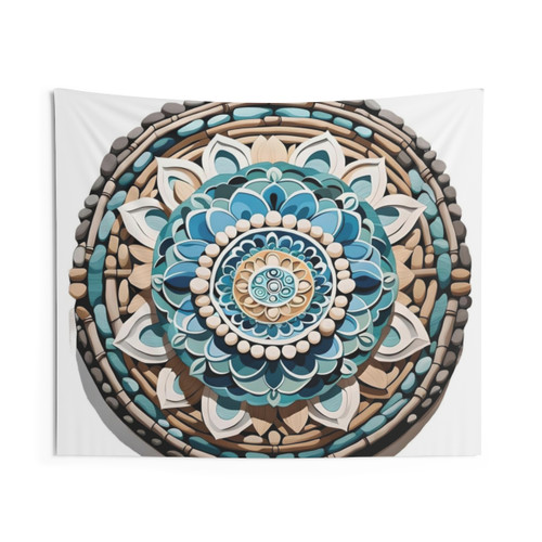 Natural Mandala Tapestry in Blue and Beige Tones